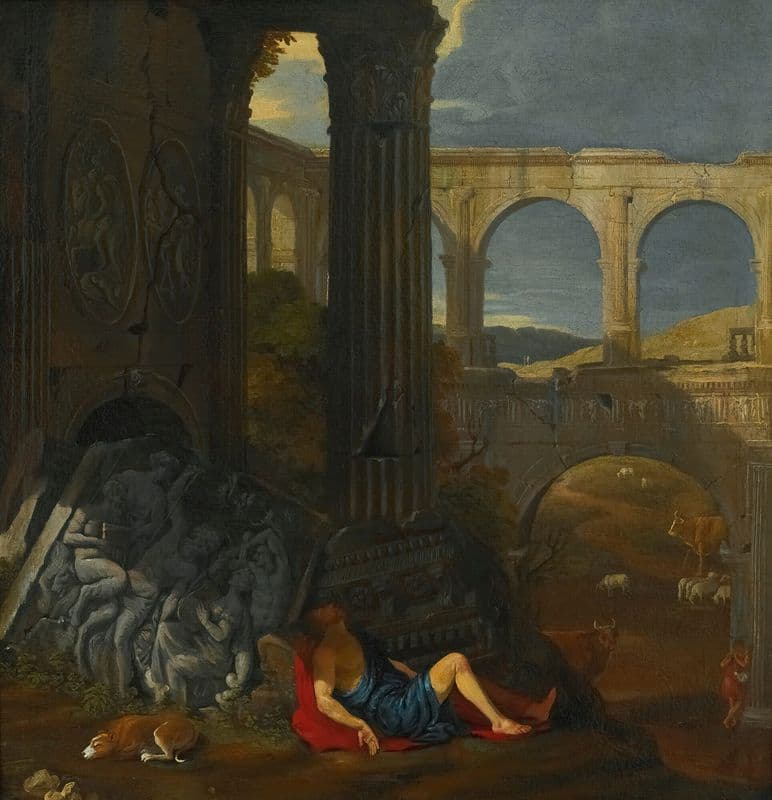 An Architectural Capriccio With Ancient Ruins, A Triumphal Arch And A Haut-Relief Sculpture, With The Story Of Mercury And Argus as a canvas print