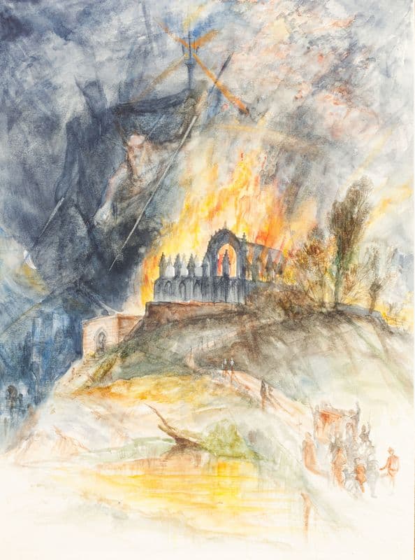 An Ecclesiastic Building in Flames with Demons Above as a canvas print