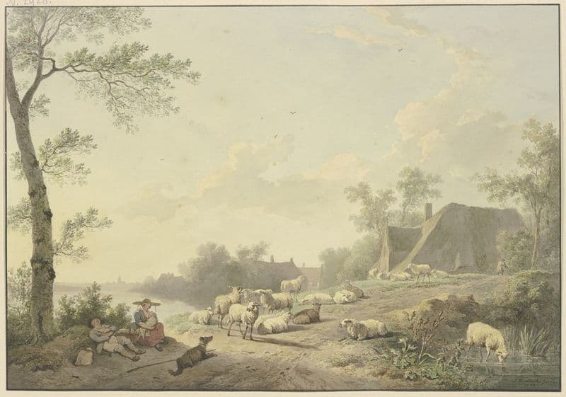 An einem Weg bei Bauernhäusern eine Schafherde as a canvas print