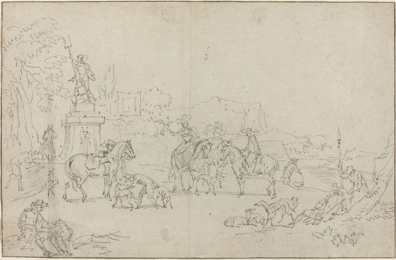 An Elegant Hunting Party Resting by a Fountain as a canvas print