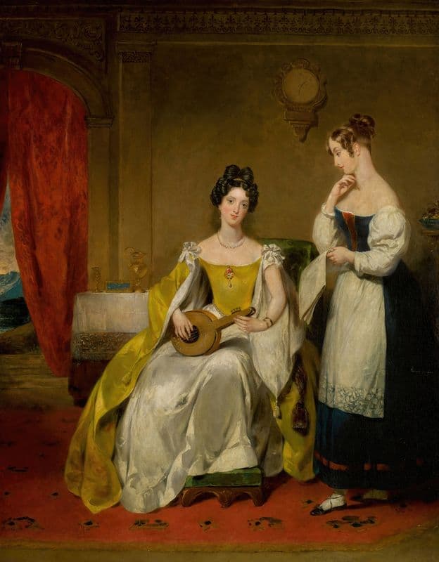 An Elegant Interior, With A Young Lady Holding A Small Guitar as a canvas print