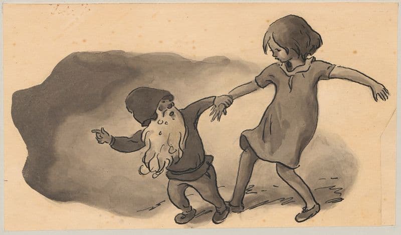 An elf tries to pull a little girl along with him. (1875-1945) as a canvas print