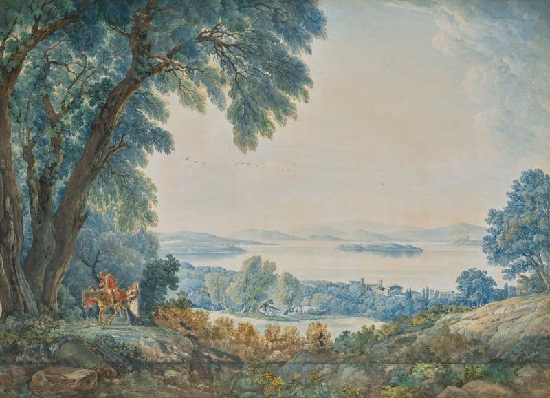 An extensive view with a lake outside Rome (possibly Lake Bolsena), with figures as a canvas print
