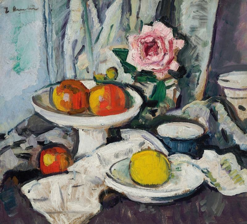 Apples in a White Fruitbowl and a Pink Rose in a Vase (circa 1925) as a canvas print