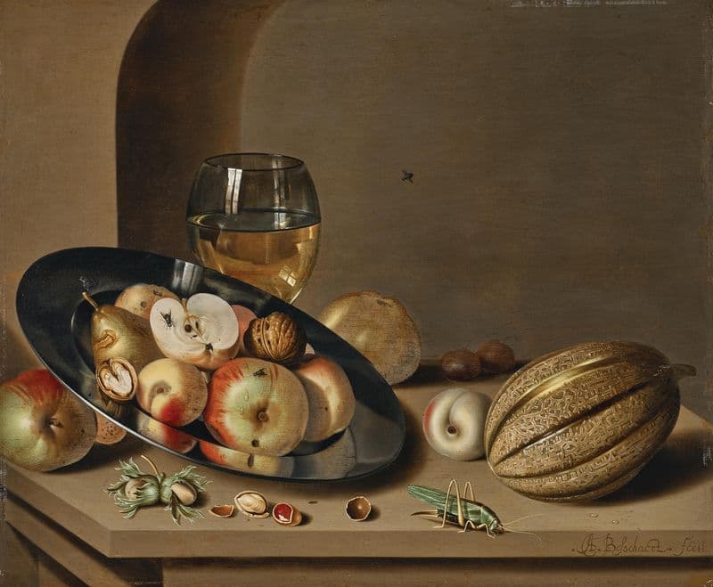 Apples, pears, peaches and walnuts on a pewter plate with fruit, a roemer, a melon, chestnuts and a grasshopper on a stone ledge in a niche as a canvas print