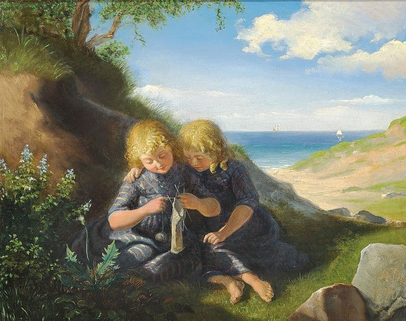 Arbejdsiver. To tvillingepiger siddende i en klit med strikketøjet as a canvas print