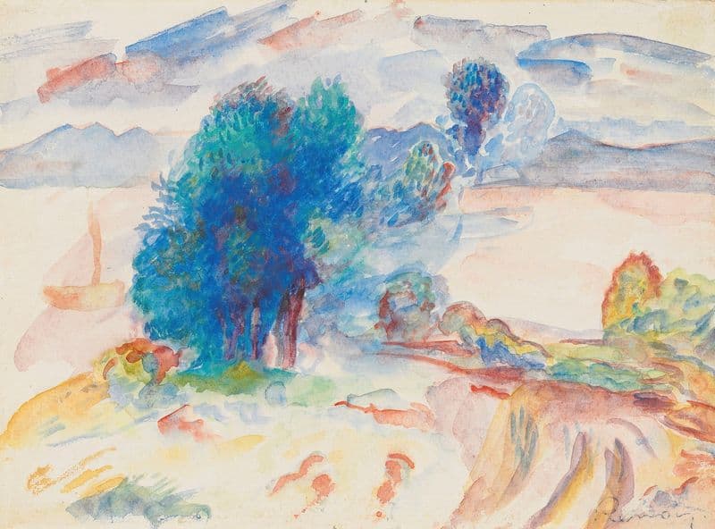 Arbres au bord de l’eau et voilier (circa 1895) as a canvas print