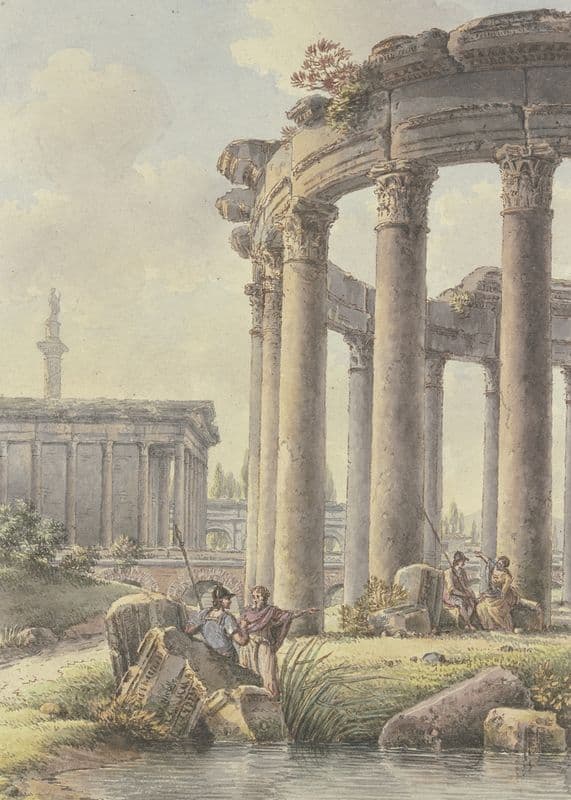 Architektonisches Capriccio, Ruinen eines Rundtempels, im Hintergrund die Trajansäule as a canvas print