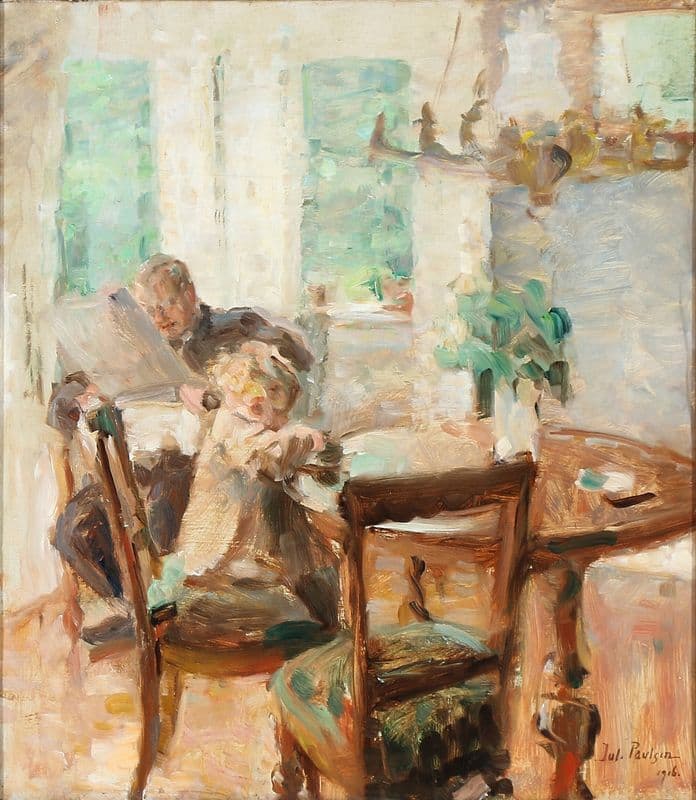 Barnet leger, mens far læser avis as a canvas print