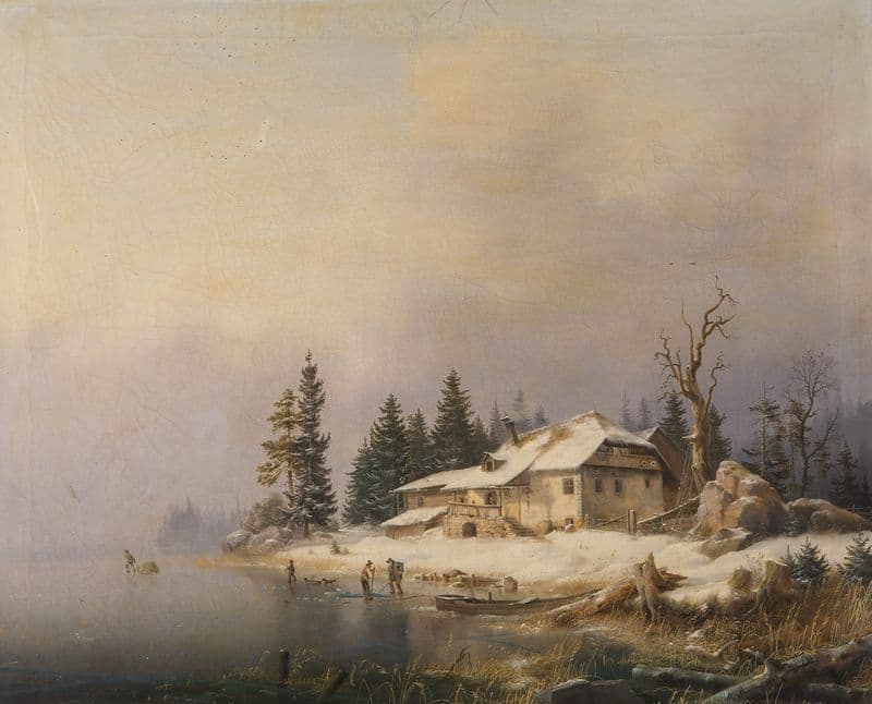 Bauernhof am winterlichen See as a canvas print