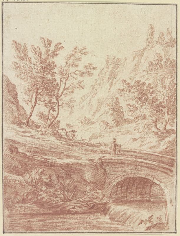 Baumbestandenes Tal, im Vordergrund ein Bach, über den eine Brücke führt as a canvas print