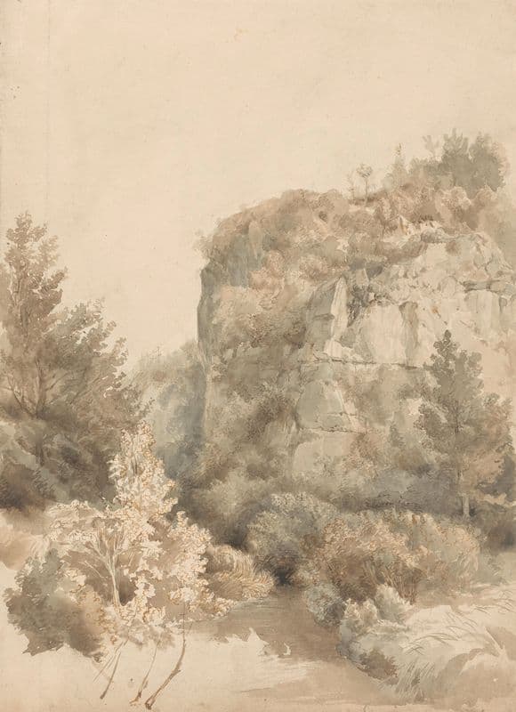Begroeid dal met een hoge rots en een beek (1827 - 1897) as a canvas print