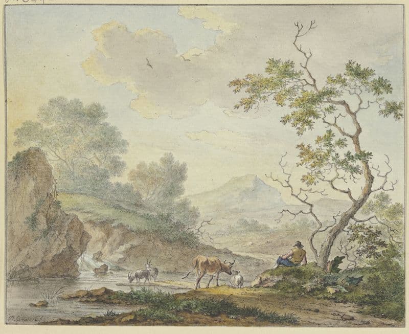 Bei einem Wasserfall ein Hirte mit einer Kuh und Ziegen as a canvas print