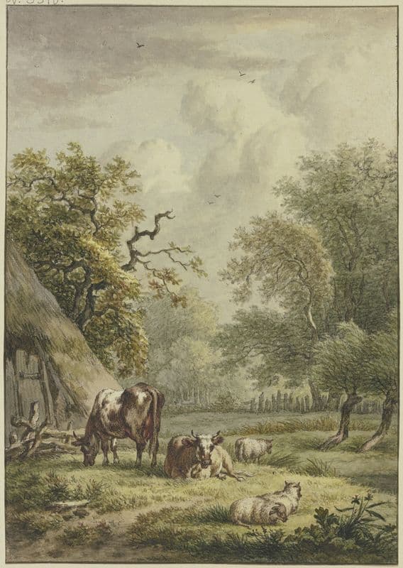 Bei einer Hütte weiden zwei Kühe und drei Schafe as a canvas print