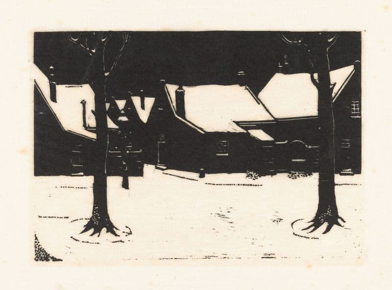 Besneeuwd plein met twee bomen as a canvas print