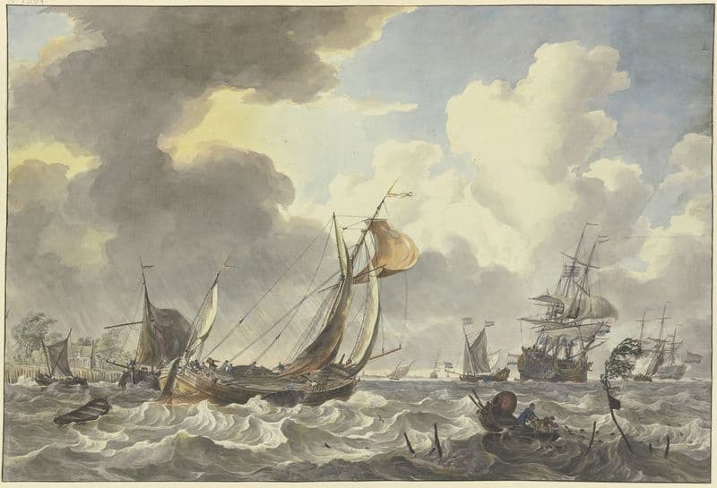 Bewegte See, viele Schiffe laufen aus, vorne rechts ein Fischerboot, in welchem ein Netz gezogen wird as a canvas print