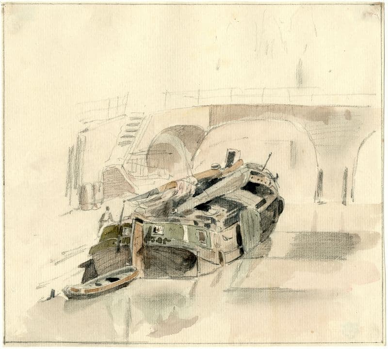Binnenvaartschip aan de kade bij een brug, Utrecht as a canvas print