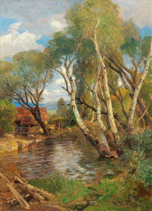 Birches by a mountain creek as a canvas print