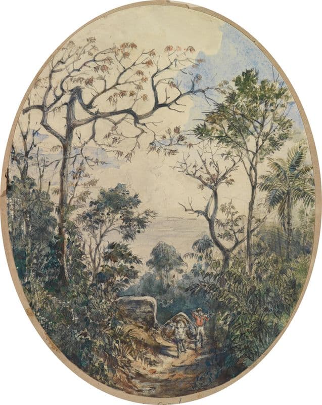 Blick hinab auf Lasttier und einen Mann den Weg hinaufkommend as a canvas print