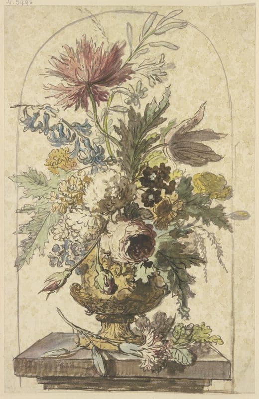 Blumenbouquet in einer Vase, vorne liegt eine Nelke as a canvas print