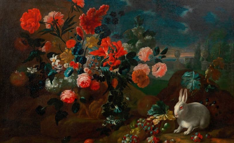Blumenstillleben mit Kaninchen (around 1710) as a canvas print
