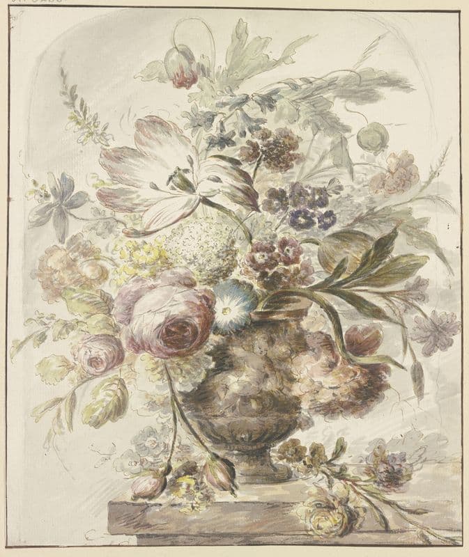 Blumenstrauß in einer Vase mit Basrelief, links hängen zwei Rosenknospen herab as a canvas print