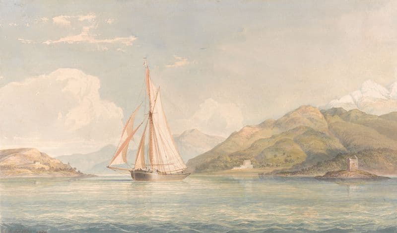 Boat Sailing to the Left with Mountains in the Background as a canvas print