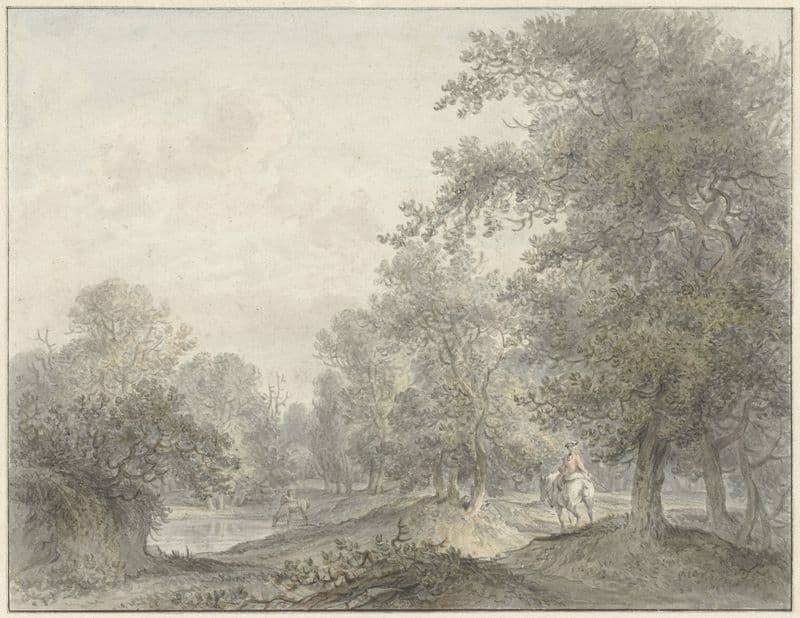 Boslandschap met ruiter en vijver (1745 - 1795) as a canvas print