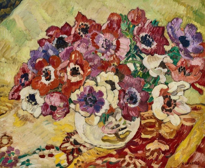 Bouquet d’anémones au vase à l’oiseau sur fond jaune (circa 1928) as a canvas print