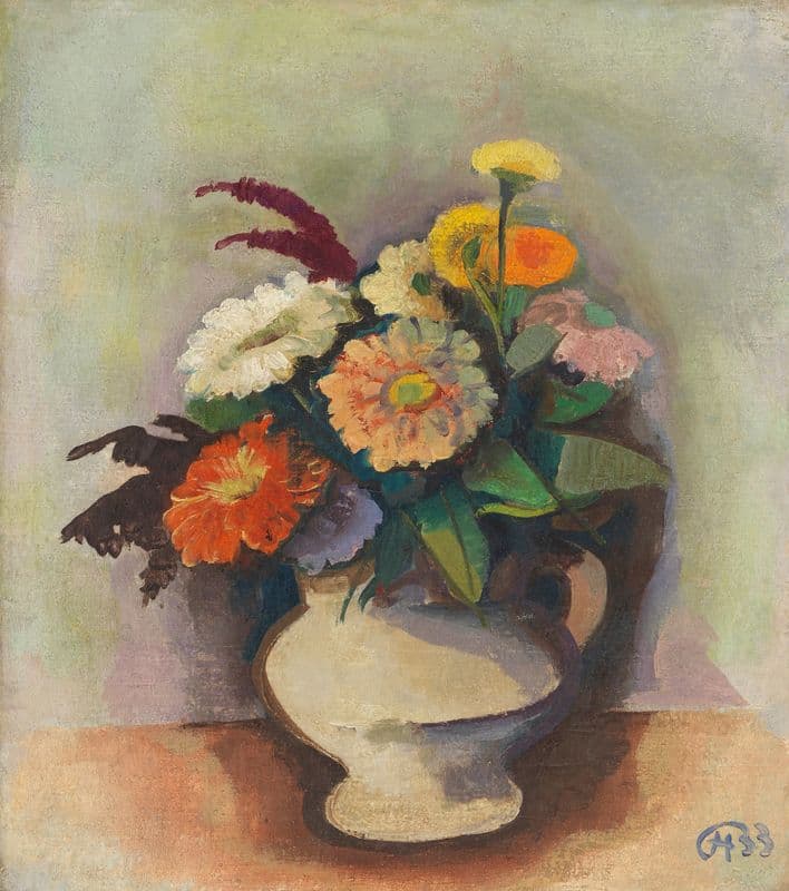 Bouquet of zinnias in a vase as a canvas print