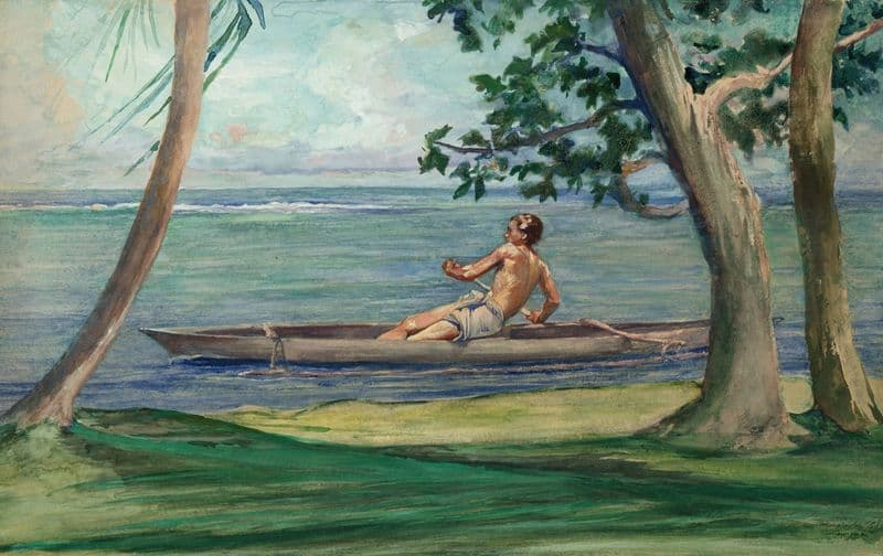 Boy in Canoe Passing in Front of Our House, Vaiala, Samoa (ca. 1895) as a canvas print