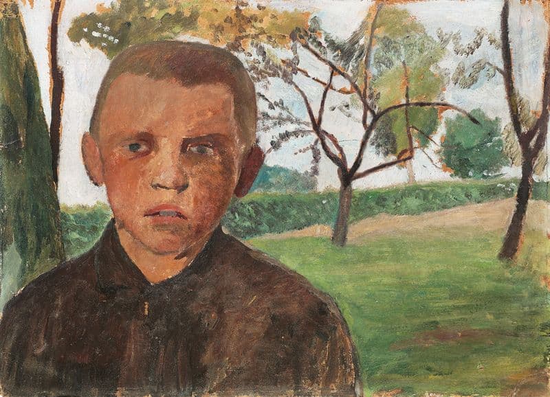 Brustbild eines Jungen vor Apfelbäumen as a canvas print