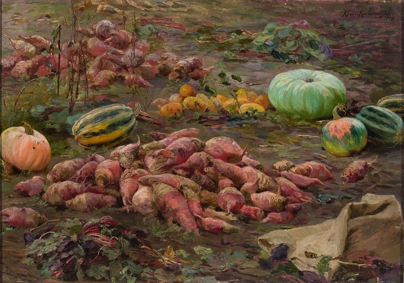 Bumpkins and pumpkins in the field as a canvas print