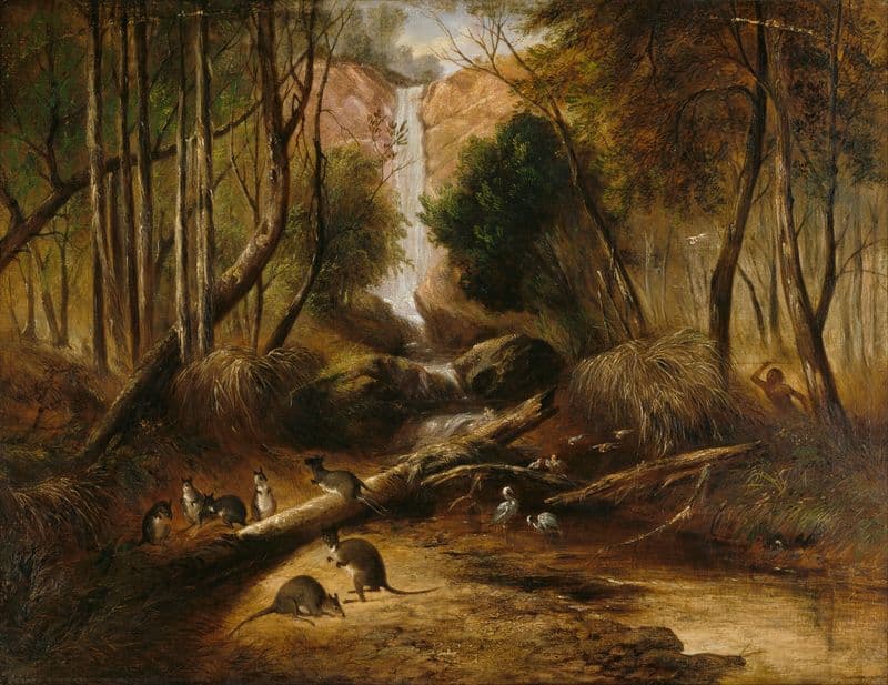 Bush landscape with waterfall and an aborigine stalking native animals, New South Wales (1860s) as a canvas print