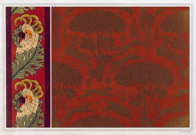 Cacatoès, bordure. Chiens, chevrettes et marcassins, cuir gaufré et doré as a canvas print