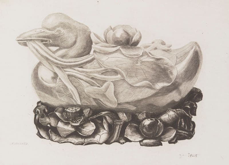 Canard au décor de nénuphar posé sur un socle as a canvas print