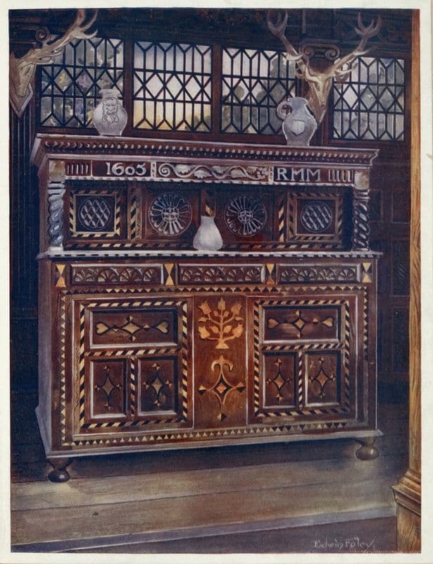 Carved and inlaid oak court cupboard. (1910 - 1911) as a canvas print