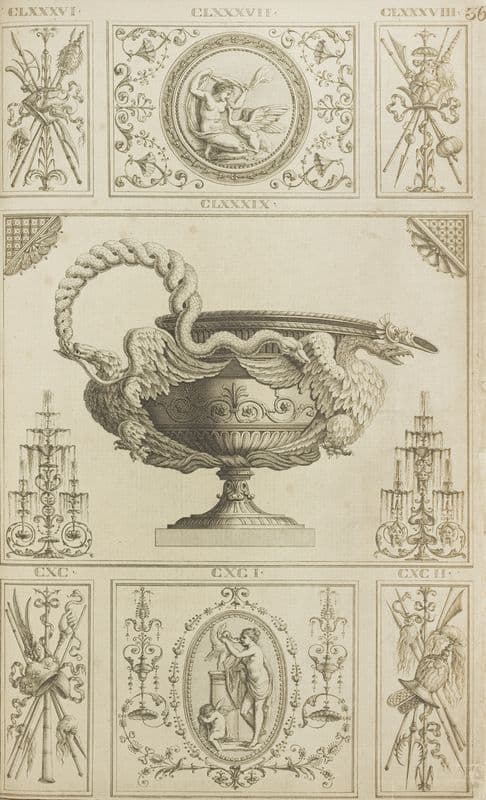 Central design of urn with handle in shape of snake held by two eagles. (1777 - 1784) as a canvas print