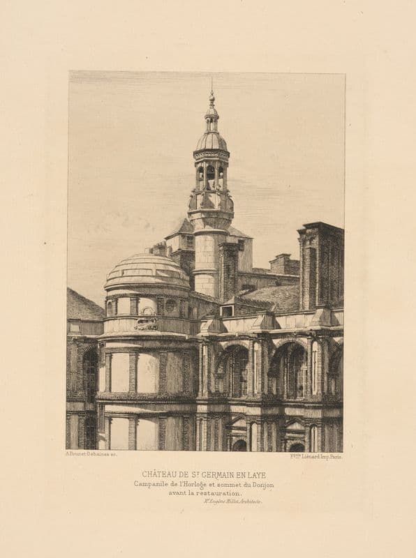 Chateau de St. Germain en Laye. Clock tower and the top of the dungeon before restoration as a canvas print