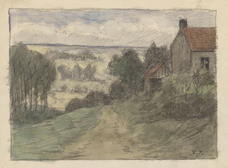 Chemin et maison, bouquets d’arbres, dans un paysage vallonné as a canvas print
