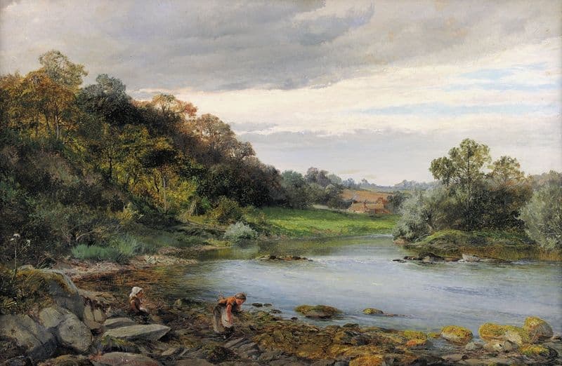 Children Collecting Firewood by a River as a canvas print
