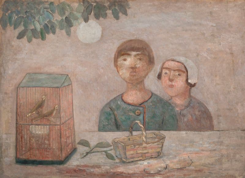 Children in front of a cage with little birds as a canvas print