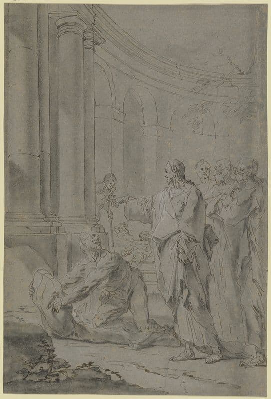 Christus heilt den Lahmen; Christus mit den Jüngern steht in einem Säulenhof, vor ihm erhebt sich der Lahme von seinem Lager as a canvas print