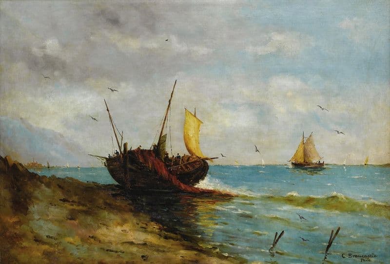 Coastal View with Boats Along the Shore as a canvas print