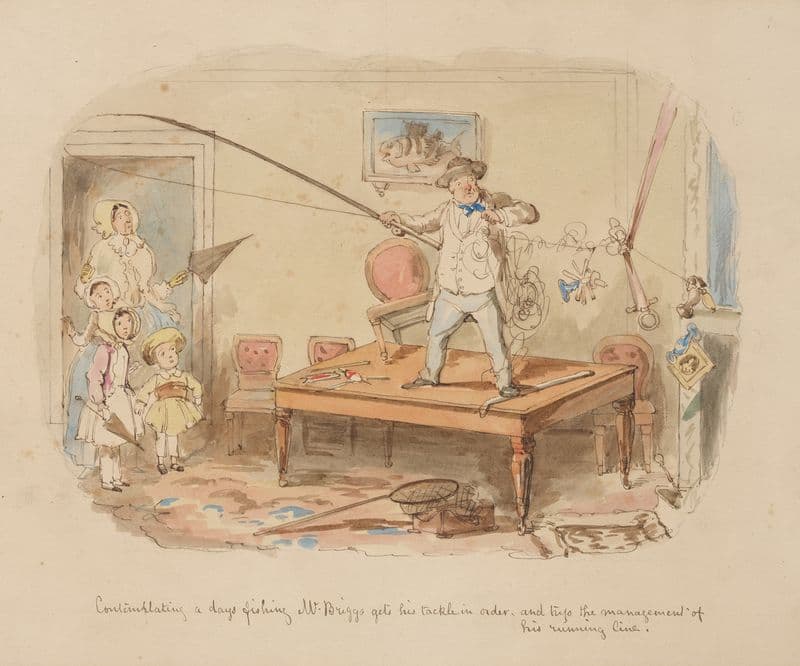 Contemplating a day’s fishing, Mr. Briggs gets his tackle in order, and trys the management of his running line. as a canvas print