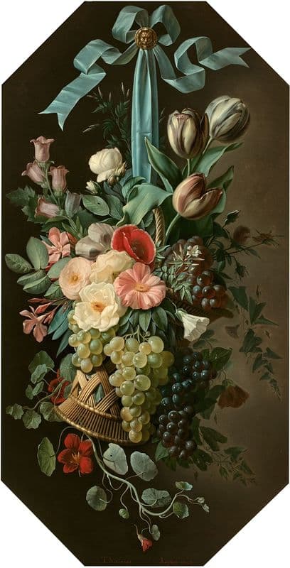 Corbeille de fruits et de fleurs suspendue à un ruban as a canvas print