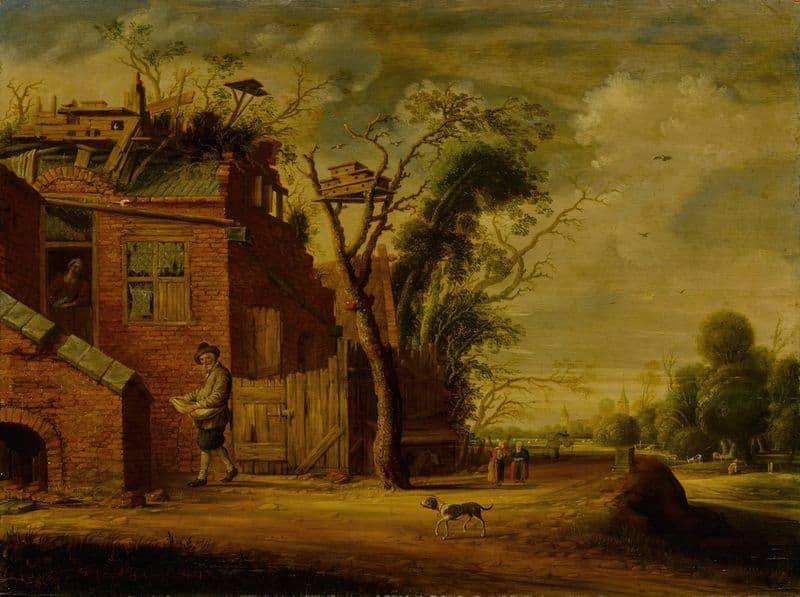 Country landscape with a hennetaster before a cottage with dovecote as a canvas print
