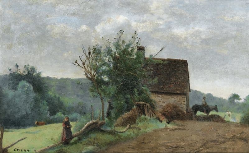 Cour de ferme avec un cavalier et une petite fille au premier plan as a canvas print