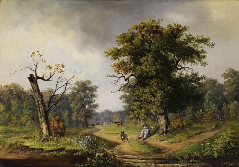 Cowherd at the rest at the forest edge as a canvas print