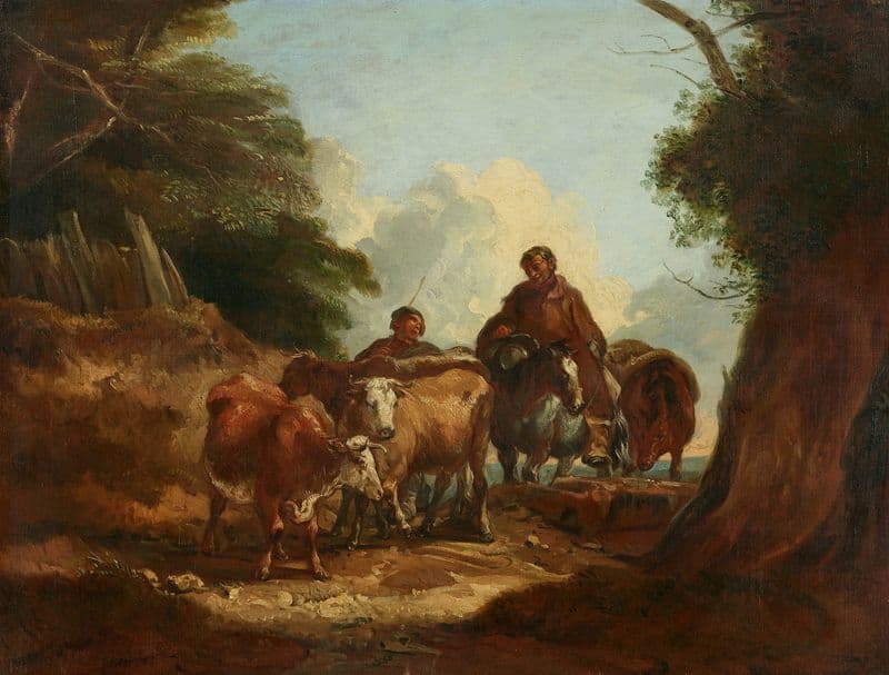 Cowherds with cattle on a dirt road as a canvas print